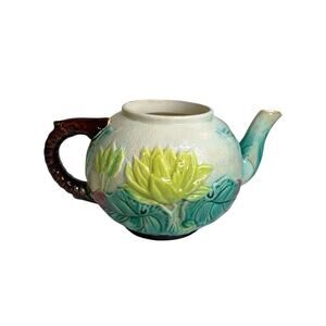 Antique Majolica Water Lily Pond Rope Teapot Pottery 9 Inch